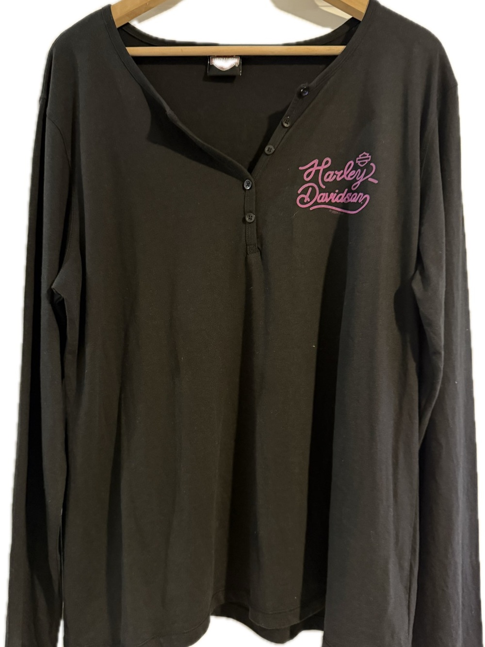 Harley-Davidson Black Long Sleeve Henley with Pink Script Logo